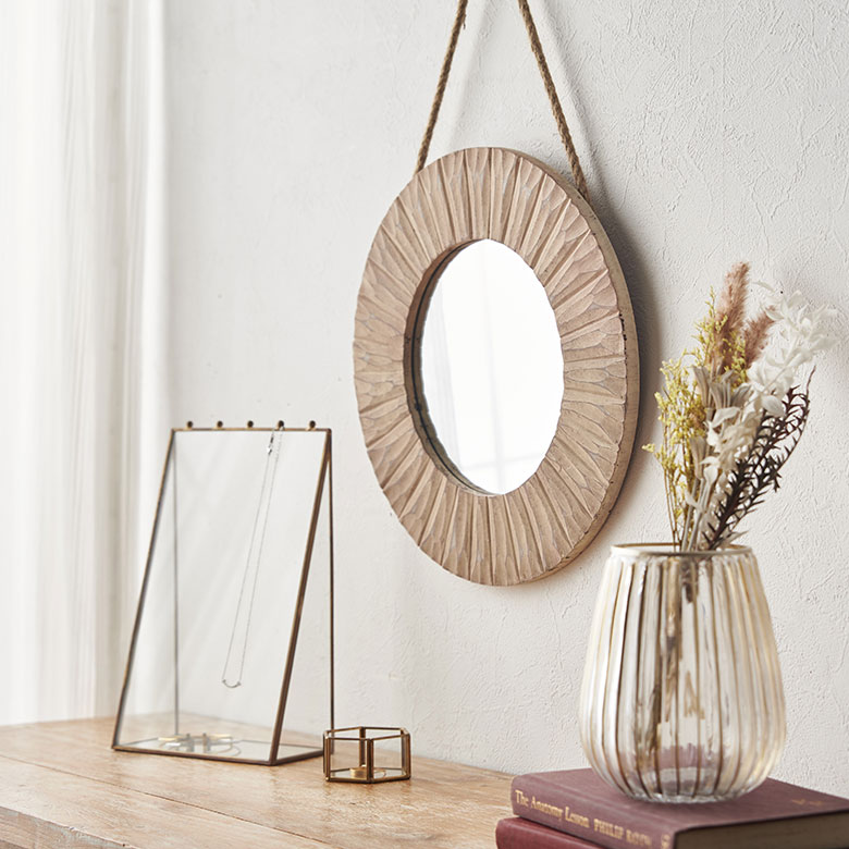 鏡 ミラー 壁掛けミラー 立て掛け 木製 円形 丸型 丸鏡 約 W