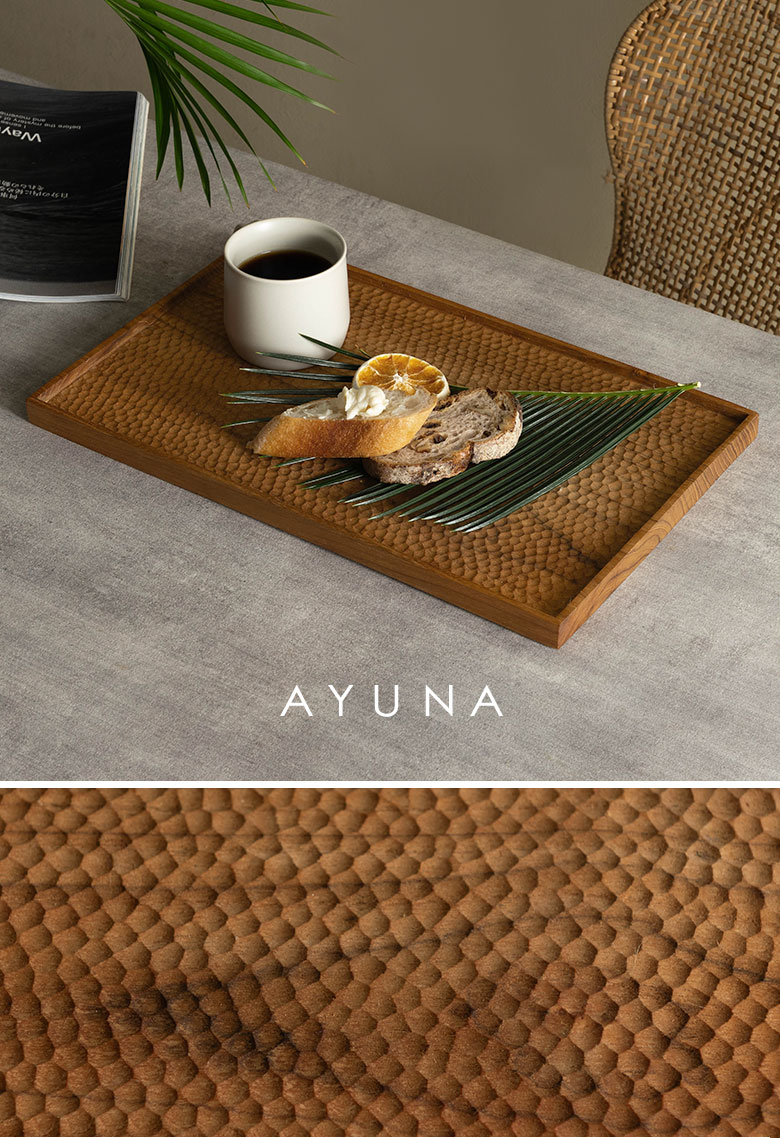 AYUNA アユナシリーズ］チーク無垢材 木彫り長方形トレイ[14288