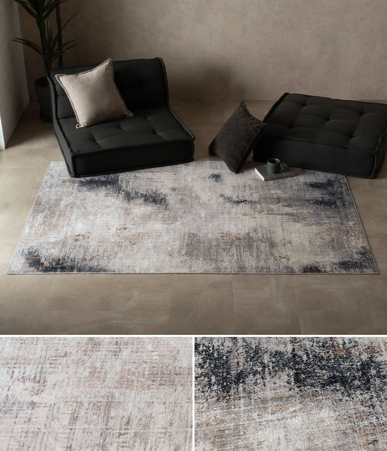 ヴィンテージ風デザインプリントラグを部屋にコーディネートした全体イメージ