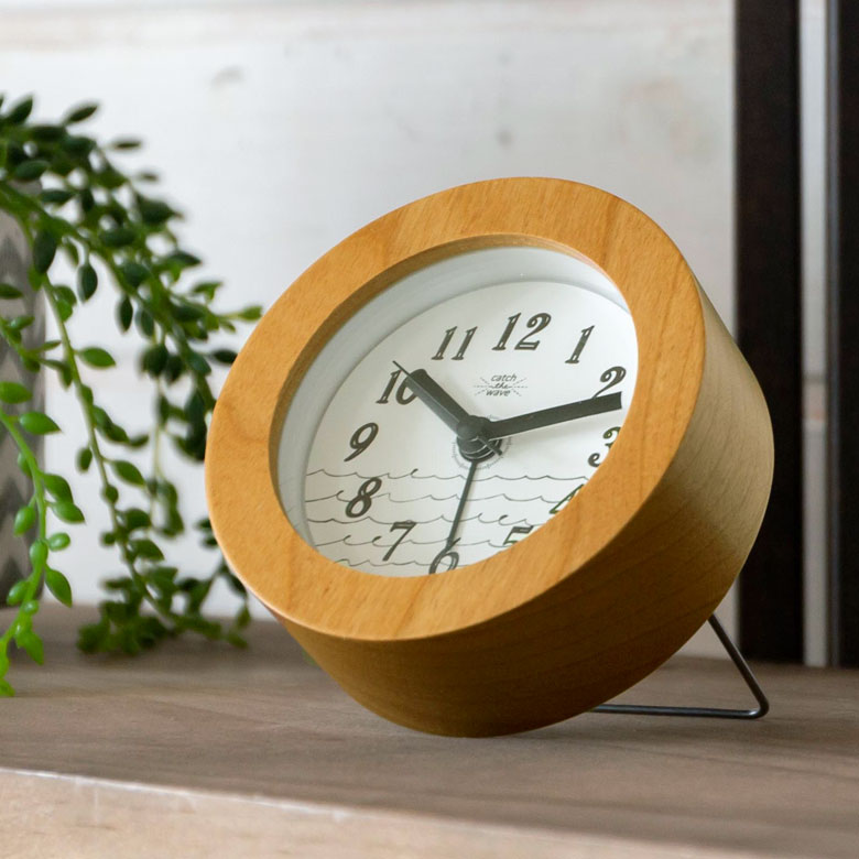 時計 置時計 丸型 直径10cm 木 ガラス ブルー ネイビー ホワイト