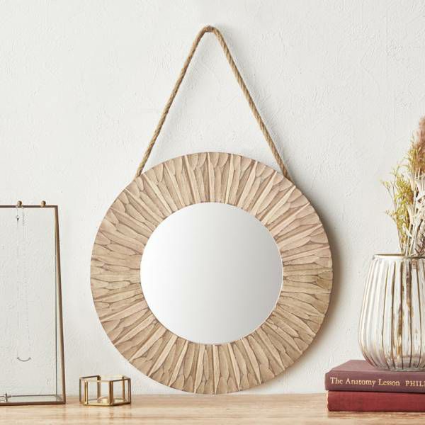 鏡 ミラー 壁掛けミラー 立て掛け 木製 円形 丸型 丸鏡 約 W 35.5 × D