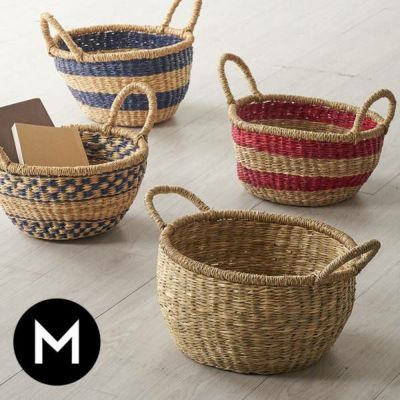 バスケット シーグラス 持ち手付き Mサイズ 約 W 26cm D 26cm H 16cm ナチュラル レッド ブルー かごバスケット 収納 天然素材 かご 籠 丸 円形 丸型 カゴ 小物入れ 収納ケース 収納かご 見せる収納 インテリア おし