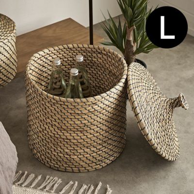 バスケット ふた付き かごバスケット ポット シーグラス 約W 35 x D 35 x H 41 cm ナチュラル 収納 蓋付き シーグラスバスケット 収納バスケット ダストボックス 荷物入れ 荷物かご おしゃれ 北欧 リゾート 雑貨 イ