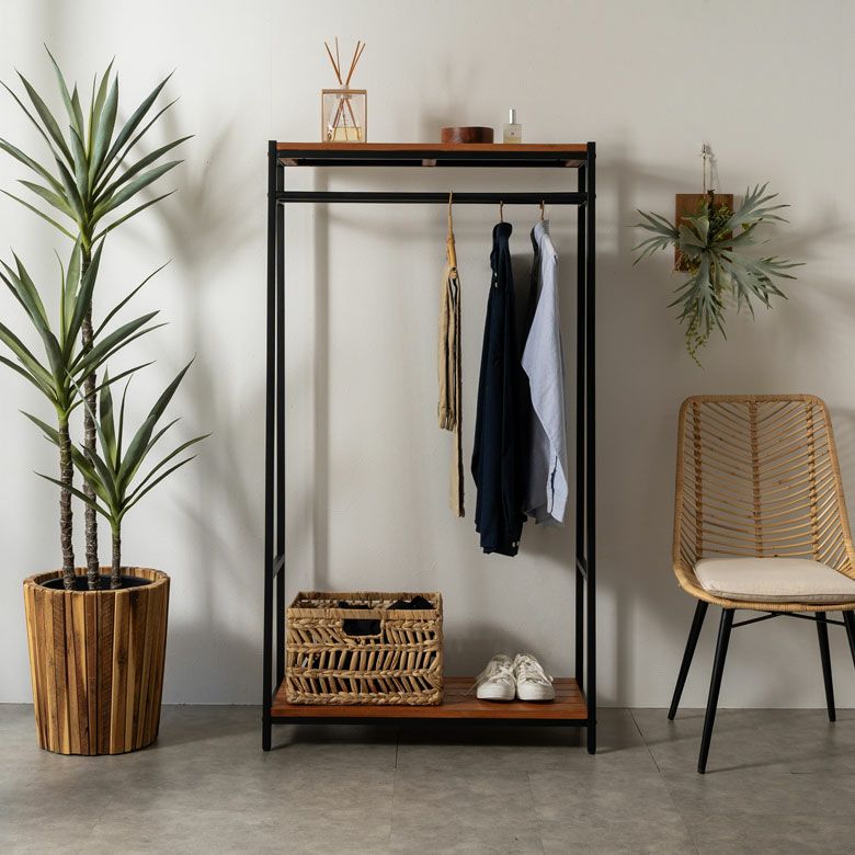 ハンガーラック 木製 ポールハンガー ブラックアイアンフレーム家具  