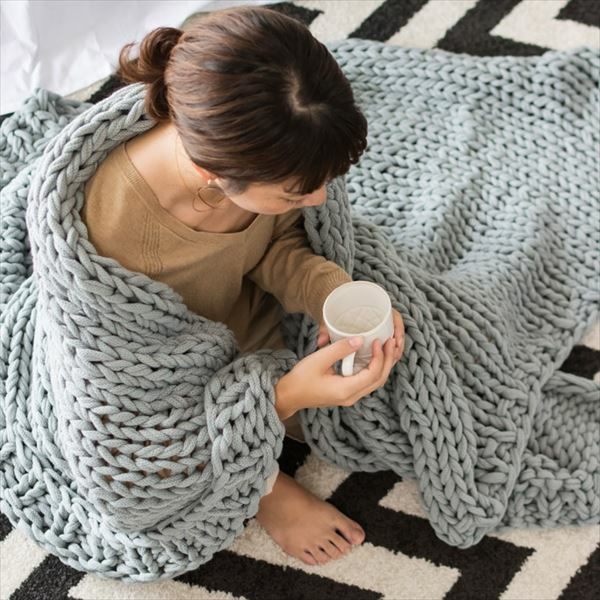 チャンキーニットブランケット ブルーグレー 約140×200cm (66532