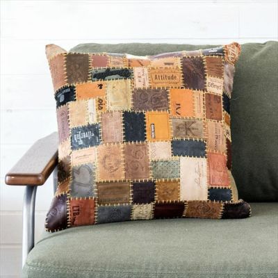 【 ヌードクッション付き 】パッチワーク レザー クッション 45角 45×45cm (91119)【 クッションカバー ヌードクッション付き 革 本革 パッチ タグ インド ヴィンテージ ダメージ レトロ 西海岸 アメリカン 男前 お