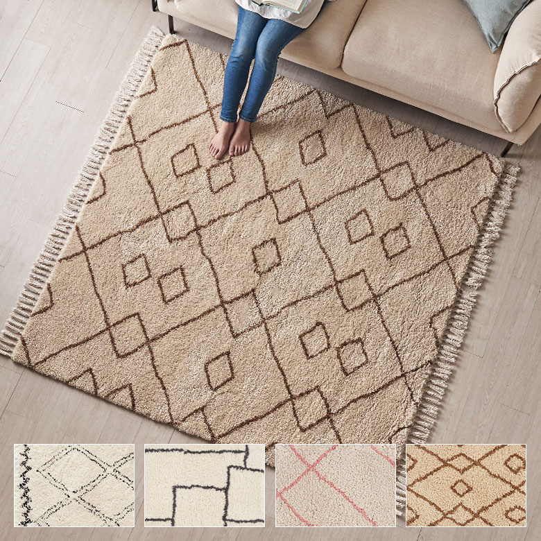 ラグラグマット185cm×185cmベニオワレン風ラグカーペット床暖房対応おしゃれ長方形絨毯じゅうたんオールシーズン春夏秋冬モロッカンモロカンアジアンリゾート玄関マット水色白グレー185×185敷物[b2e-83]