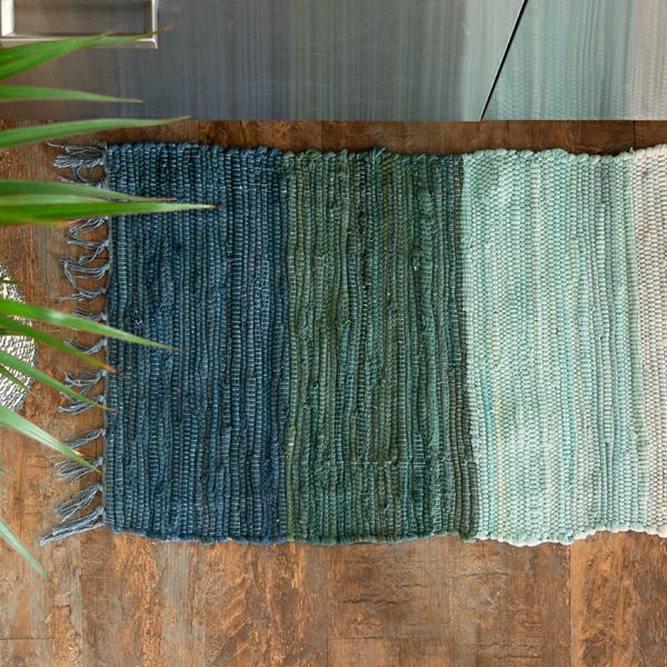 キッチンマット コットン ラグマット ワイドストライプ柄 フリンジ付き