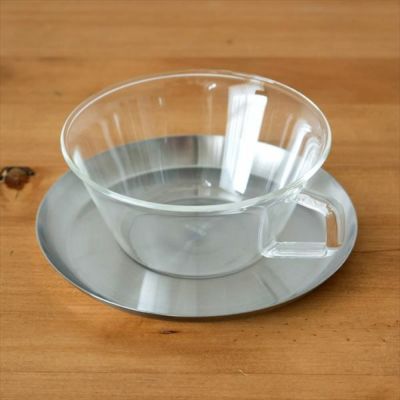 ティーカップ＆ソーサー 耐熱ガラス ステンレス製受け皿 220ml 電子レンジOK（ガラスのみ）  [92096]【 ガラス食器 コーヒーカップ ティーカップ 熱湯 ホット アイス レンジ コップ マグカップ ガラス製 】