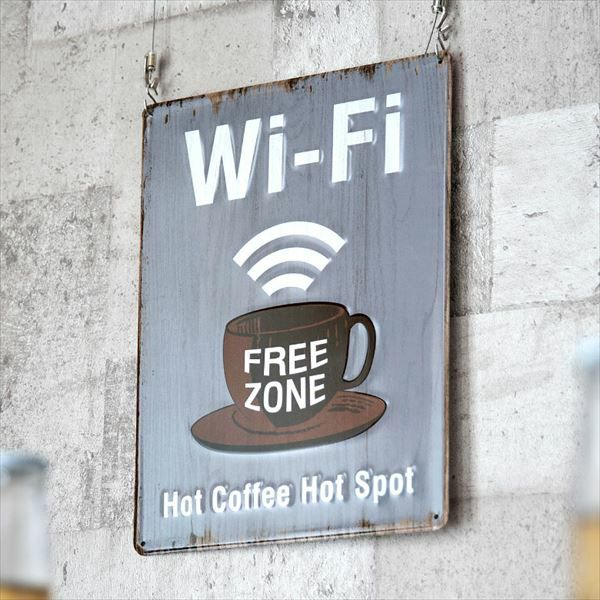 ブリキ看板 Wi-Fi プレート Jタイプ (コーヒーカップ) 縦向き [66798