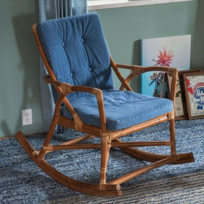 ロッキングチェア 肘付き 木製 ラタン デニムクッション付き 幅62cm 奥行96cm 座面高87cm ブラウン ブルー [91362] 【 イス チェア 揺れる リラックスチェア プライベートチェア デニム 背もたれクッション  おしゃ