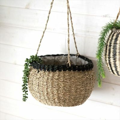 プランターバスケット ハンギング シーグラス製 黒縁×ナチュラル 上口径24cm [51163]【 鉢カバー ハンギングプランター プラントホルダー かご 吊るす グリーン 観葉植物 飾る 収納かご 北欧 おしゃれ アジアン 雑