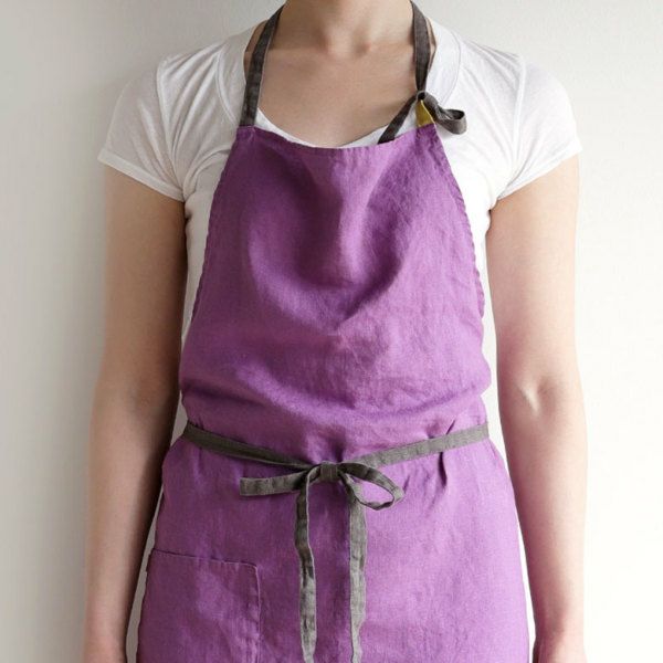 エプロン 長め リネン グレー イエロー ブラウン パープル ブルー