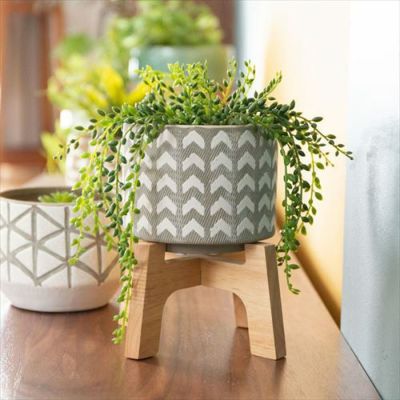 植木鉢 鉢カバー 直径13cm 陶器 テラコッタ  [98915]【 ポット 木製スタンド ガーデン雑貨 インテリア グレー ホワイト スタンド付き 】
