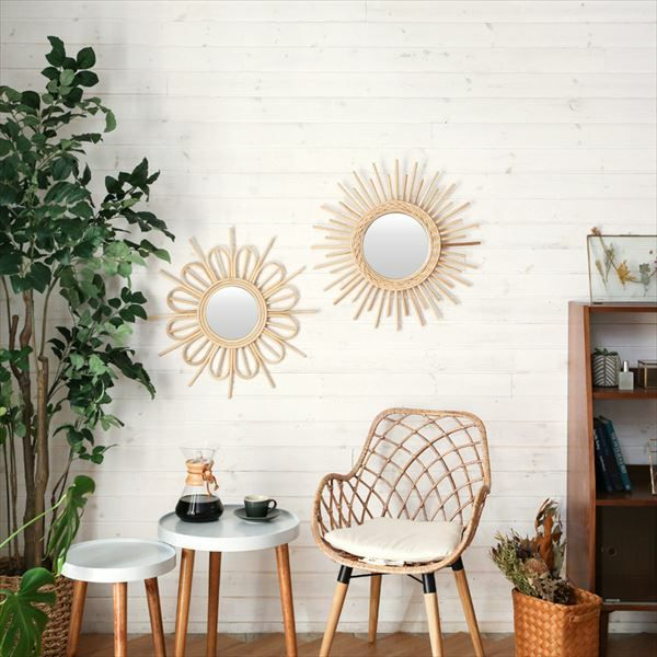 ミラー 鏡 丸型 壁掛け ラタン 直径60cm ミラー部分径23.5cm[13703