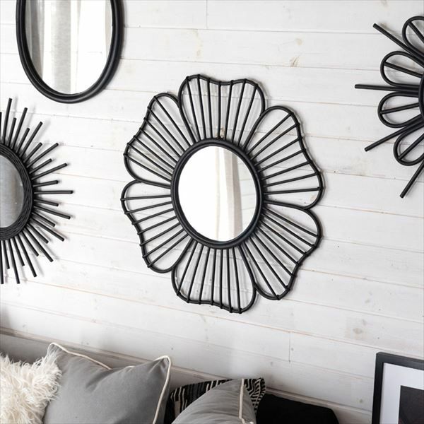 ミラー 鏡 フラワーB 壁掛け ラタン 直径約65cm ミラー部分径26cm