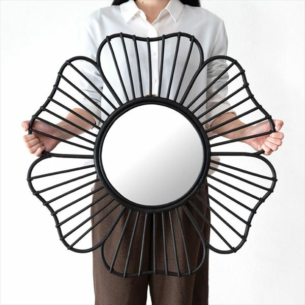 ミラー 鏡 フラワーB 壁掛け ラタン 直径約65cm ミラー部分径26cm