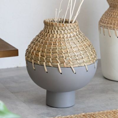 フラワーベース テラコッタ製 ※水入れ不可 シーグラス編み込みデザインB グレー×ナチュラル 高さ約27cm  [13722]【 花瓶 花びん 花器 丸形 ドライフラワー アートプランツ フェイクグリーン オブジェ デコレーショ