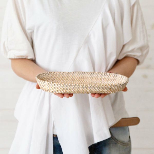 トレイ ラタン製 ホワイトウォッシュ 楕円形 約25×12cm 深さ3.5cm