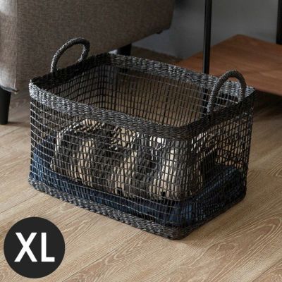 バスケット かご シーグラス 透かし編みバスケット 持ち手付き ブラック XLサイズ 幅47cm スクエア 透かし編み  [51216]