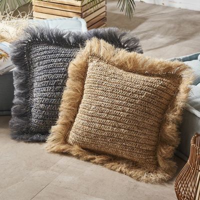 ラフィア 藤 椰子 ココナッツ ボタン ナチュラル ラウンド クッション