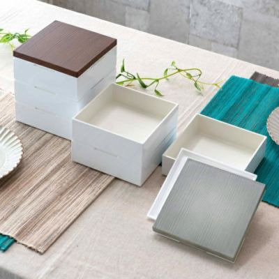 重箱 お重 15×15cm 3段 プラスチック 中フタ付き グレー ブラウン ホワイト [90295]【 3段重 お重箱 お弁当箱 木目調 無地 シンプル シック スタイリッシュ おしゃれ ３段 】