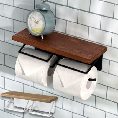 トイレットペーパーホルダー ダブル 2連 ウッド 木英 アイアン 金属 棚付き 約 W 30cm D 12cm H10cm トイレ ペーパーホルダー [84093]【 ベージュ ブラウン アンティーク ヴィンテージ ナチュラル 北欧 おしゃれ 収