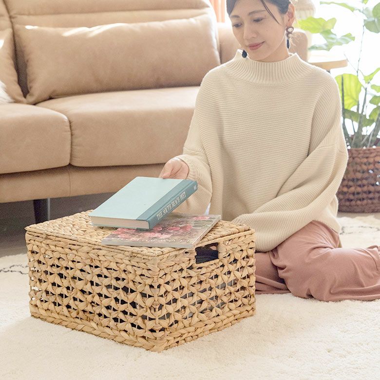 かご バスケット ウォーターヒヤシンス Lサイズ ふた付き 約 W 43cm D
