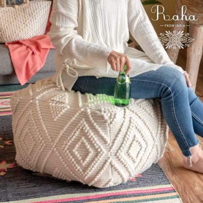 プフ クッション オットマン スツール ホワイト 白  W 55cm D 55cm H 37cm  [34440-iv]【 raha ラーハ フロアクッション ダイヤ柄 椅子 チェア 座椅子 四角 スクエア おしゃれ かわいい BOHO ナチュラル 北欧 リゾー
