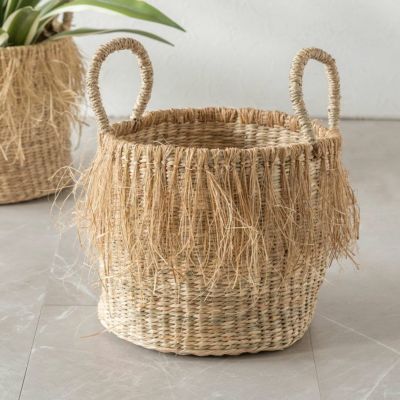 バスケット かご Mサイズ フリンジ シーグラス ラウンド W 25cm D 25cm H 22cm  [51290]【 ハンドル付き かご 籠 収納バスケット おもちゃ入れ 荷物入れ 玄関 スリッパ 収納 ランドリーバスケット おしゃれ リゾート