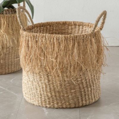 バスケット かご Lサイズ フリンジ シーグラス ラウンド W 35cm D 35cm H 32cm  [51291]【 ハンドル付き かご 籠 収納バスケット おもちゃ入れ 荷物入れ 玄関 スリッパ 収納 ランドリーバスケット おしゃれ リゾート