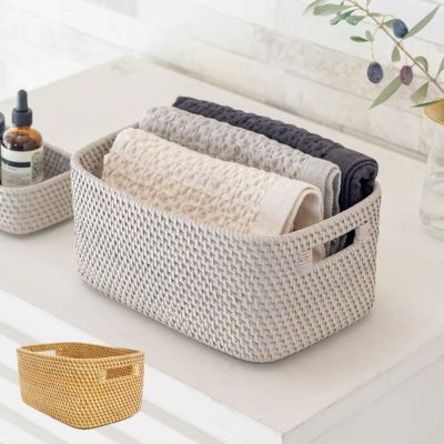 バスケット かご 籠 カゴ ボックス ケース ラタン 籐 ホワイト ナチュラル 約 W 20cm D 28cm H 13cm  [13980]【 荷物 おもちゃ 書籍 CD DVD タオル ドライヤー 調味料 入れ リビング キッチン ダイニング アメニティ
