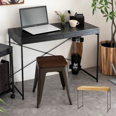 デスク パソコンデスク スチール 木製 W 100 × D 45 × H 73 cm ブラック ナチュラル 引出し付き [91507]【 机 事務机 PCデスク スリム ウッド アイアン 黒 モノトーン おしゃれ シンプル モダン 奥行き浅め 在宅勤
