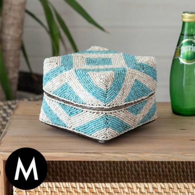 ソカシ ビーズ製 ダイヤ柄 17×17cm ベージュ×ブルー[13532-m] 【 収納ケース 収納ボックス ギフトボックス 蓋付き 蓋付き収納 フタ付き ディスプレイ デコレーション ギフトボックス プレゼント おしゃれ 可愛い 