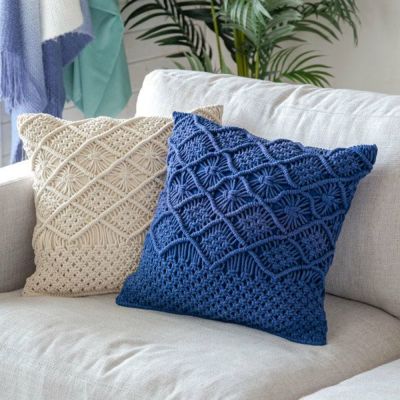 クッションカバー マクラメ 編み コットン 正方形 45×45cm  約 W 44cm D 44cm H 1cm  [34492]【 綿 白 アイボリー ブルー 青 紺 ネイビー モロッコ ボヘミアン かぎ針編み かぎ編み 北欧 ナチュラル おしゃれ リゾ