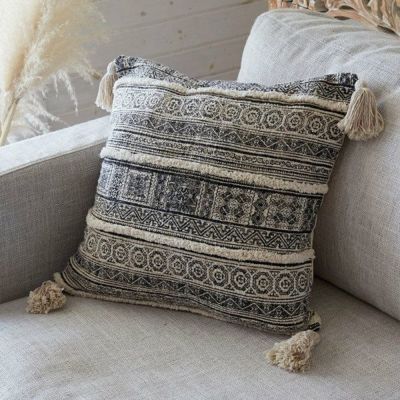 クッションカバー コットン ウーブンプリント 45×45cm タッセル付き Raha ラーハ  [34475]【 正方形 四角 クッション用カバー ソファ ベッド アウトドア リビング 寝室 BOHO ボーホー モロッカン アジアン アジアン