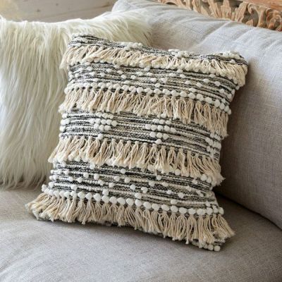 クッションカバー コットン ハンドルーム（手織り） 45×45cm フリンジ ブラック 黒 Raha ラーハ  [34477-bk]【 45角 45cm用 クッション用カバー  ソファ ベッド アウトドア リビング 寝室 おしゃれ サーフ アメリカ