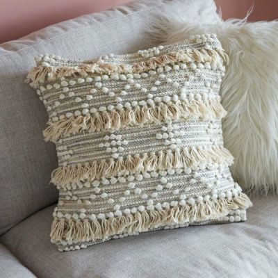 クッションカバー コットン ハンドルーム（手織り） 45×45cm フリンジ デザイン グレー Raha ラーハ  [34477-gy]【 45角 45cm用 クッション用カバー  ソファ ベッド アウトドア リビング 寝室 おしゃれ アメリカン 