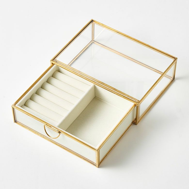 ガラスと真鍮で出来た引き出し型ジュエリーボックス（リングピロー付き