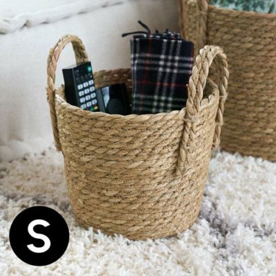 バスケット かご 持ち手付き 収納バスケット ラッシュ製（い草） Sサイズ 約 W 22.5 × D 22.5 × H 19 cm  [67084]【 かご 籠 丸 円形 丸型 プランターカバー 鉢カバー 小物入れ 小さ目 5号 6.5号 観葉植物 北欧 お