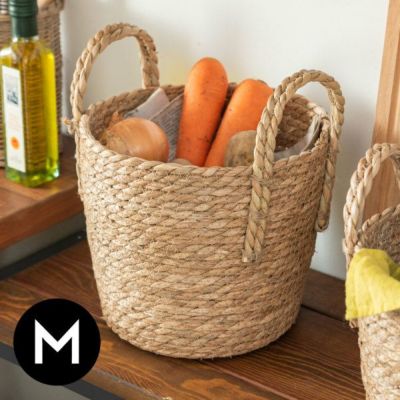 かご バスケット 持ち手付き 収納バスケット ラッシュ製（い草） Ｍサイズ 約 W 25 × D 25 × H 21 cm  [67085]【 かご 籠 丸 円形 丸型 プランターカバー 鉢カバー 小物入れ リビング収納 7号 8号 観葉植物 北欧 