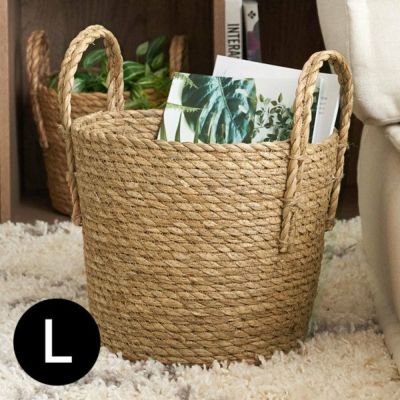 かごバスケット かご 取っ手付き 収納バスケット ラッシュ製（い草） Lサイズ 約 W 29 × D 29 × H 24 cm  [67086]【 かご 籠 丸 円形 丸型 プランターカバー 鉢カバー 荷物入れ 深め 8号 9号 観葉植物 北欧 おしゃ