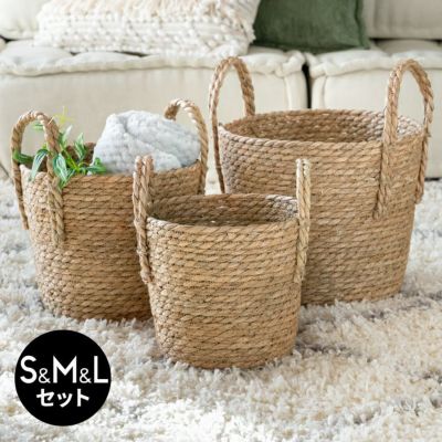 【3個セット】バスケット かご ハンドル付き 収納バスケット ラッシュ製（い草） S.M.L3個セット  [set-67084-67086]【 かご 籠 丸 円形 丸型 プランターカバー 鉢カバー サイズ違い シリーズ 5号 6.5号 7号 8号 9号