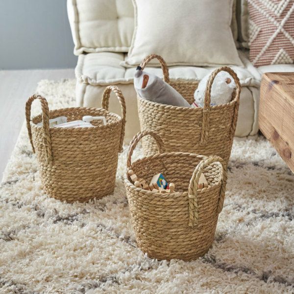 3個セット】バスケット かご ハンドル付き 収納バスケット ラッシュ製 かご