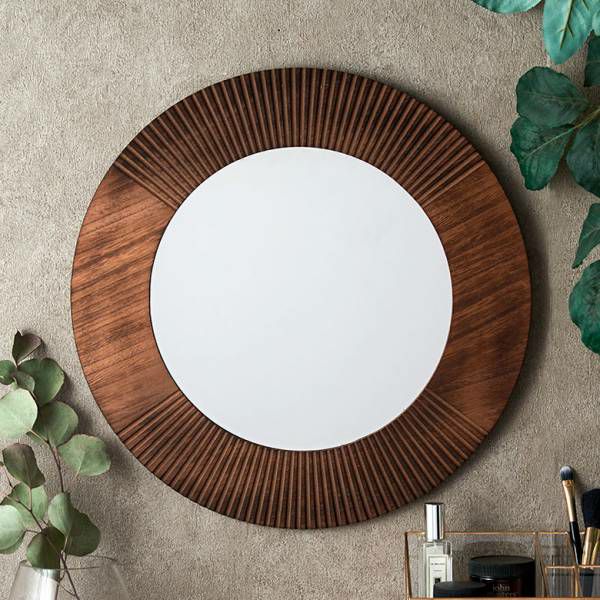 鏡 壁掛けミラー 木製 円形 丸型 約 W42 × D1 × H42 cm 鏡直径 27.5cm