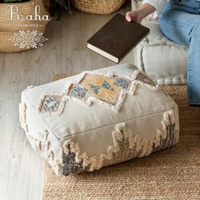 プフ raha ラーハ クッション オットマン スツール 低め ハンドウ―ブン キリム柄 インド製 W 43cm D 53cm H 27cm  [34540]【 フロアクッション  クッションテーブル フットレスト  椅子 チェア ソファ 1P 一人掛け 