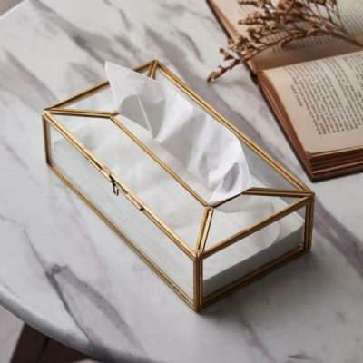 ティッシュケース ティッシュボックス ガラス 真鍮 ふた付き 蓋付き 約 W 22 × D 11.5 × H 6.2 cm ティッシュカバー ティッシュBOX ティッシュケースカバー 滑り止め付 卓上 横 収納 リビング アンティーク 風 お