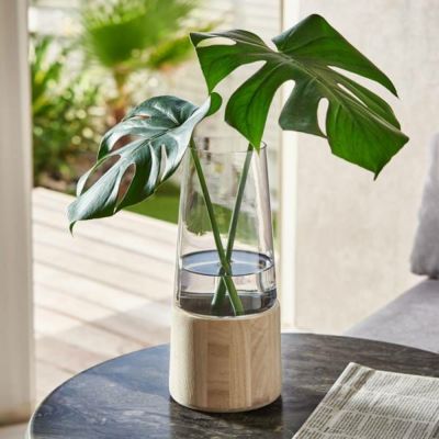 フラワーベース ガラス × ウッド 取り外し可 セパレート スモークグレー 上径9.5cm 円柱 大きい 約 W13×D13×H29 cm 花瓶 花びん 花器 ガラスベース ガラス花びん 生花 ドライフラワー おしゃれ 北欧 韓国 インテ