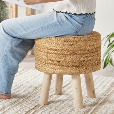 スツール ラウンド 円形 ジュート 木製脚 座面高 約40cm 約 W35 × D35 × H40 cm 椅子 いす イス チェア  丸椅子 腰掛け オットマン 足置き 花台 フラワースタンド プランタースタンド おしゃれ 北欧 韓国 インテリ