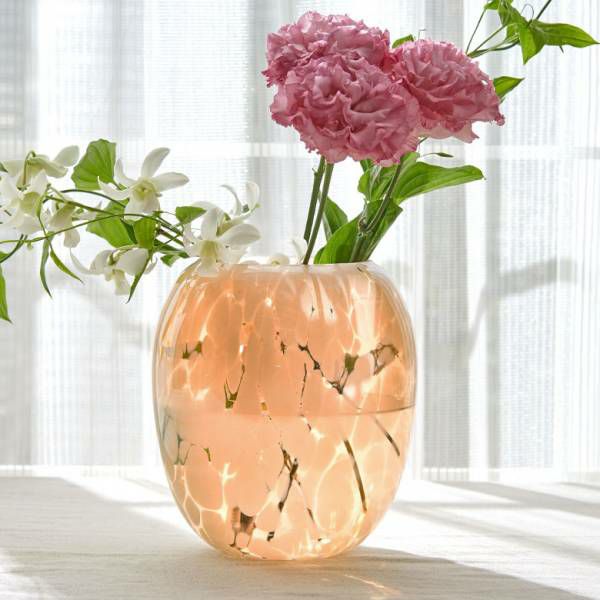 花瓶 ガラス 半透過 ピンク ベージュ ドット柄 上径10.5cm壺型 つぼ型 